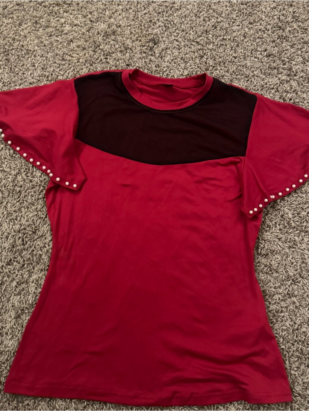 SHEIN Red Short-Sleeve Top with Black Mesh Yoke and Pearl Trim
